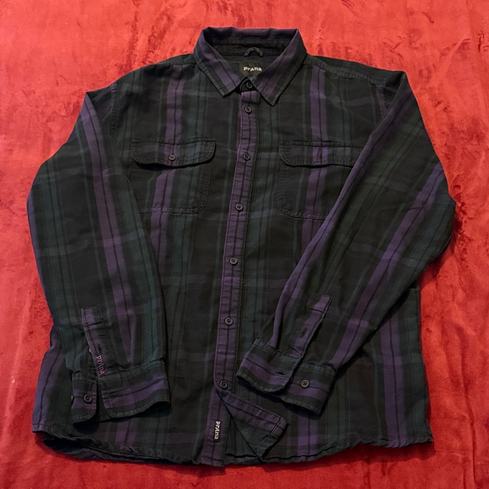 Prana Dark Green and Purple Plaid Shirt